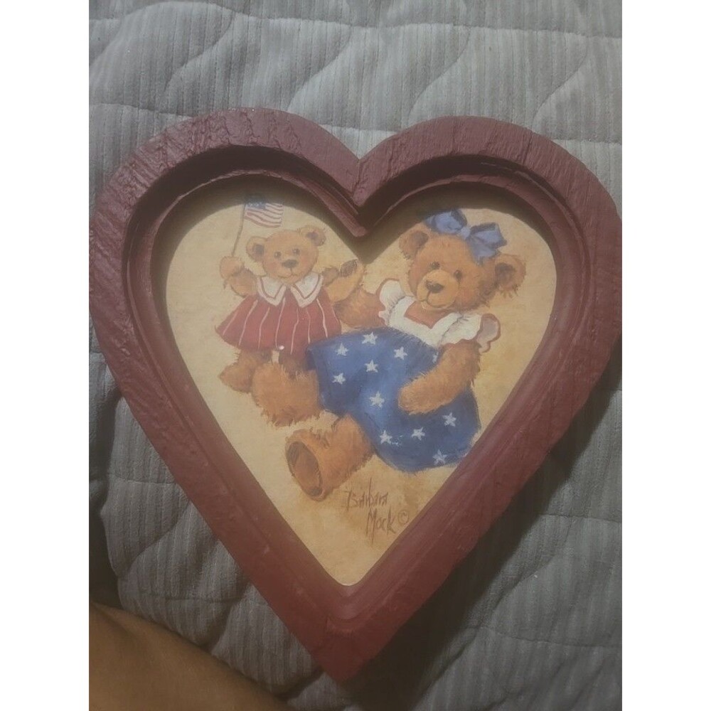 Vintage Heart Framed Teddy Bears Art County Farmhouse Cottage 8x8